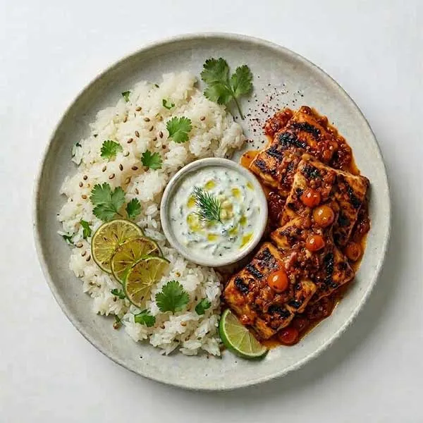 Indonesian fish sambal rampai with sticky rice